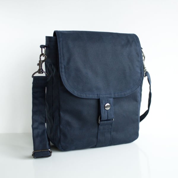 Minimal tablet messenger bag in navy blue waxed canvas by Minus