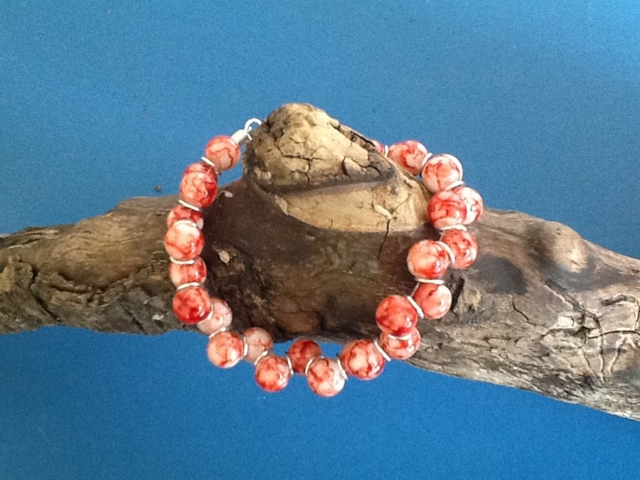 SALE - Goddess bracelet with red veined glass beads