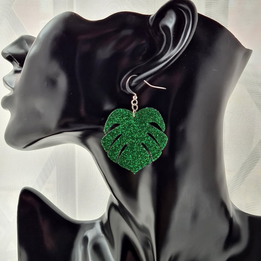 Deep Green Glitter Canvas Faux Leather Monstera Leaf Earrings
