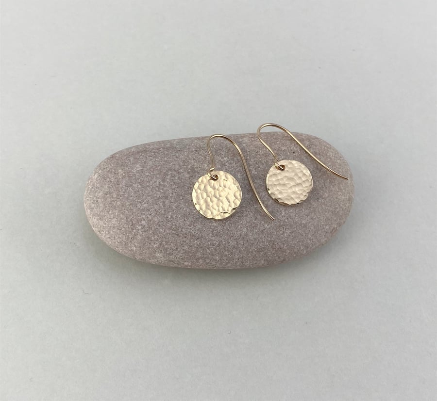 Mini Hammered 9ct Gold Disc Dangle Earrings