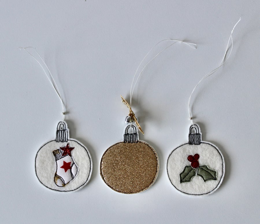 Three Wool Felt Christmas Baubles - Hanging Decorations