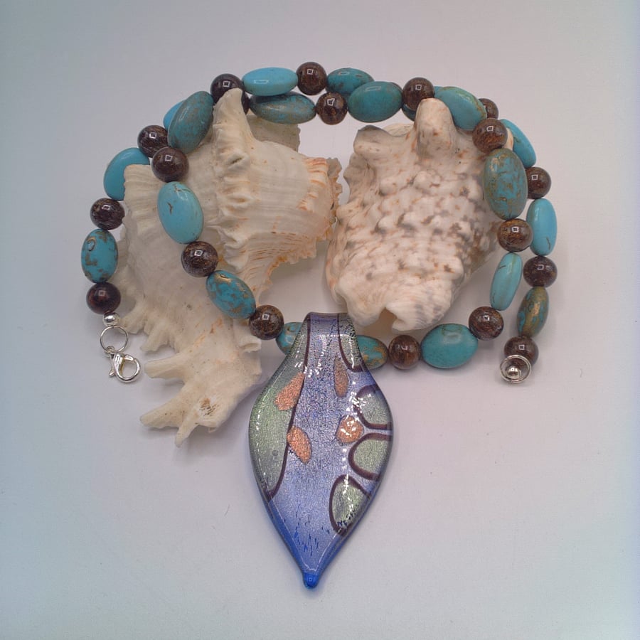 Green Blue Glass Pendant with Gold Flecks on a Turquoise and Obsidian Necklace
