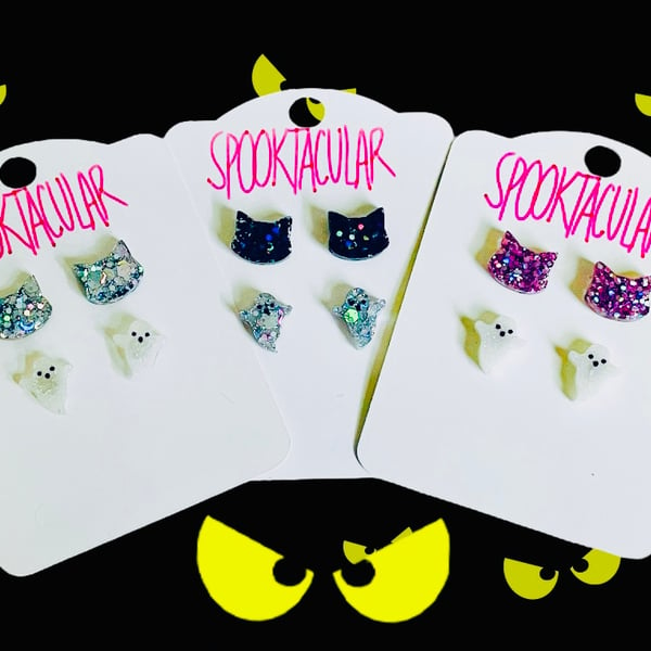 Halloween cat stud earrings, spooky ghost earrings, Halloween jewellery 