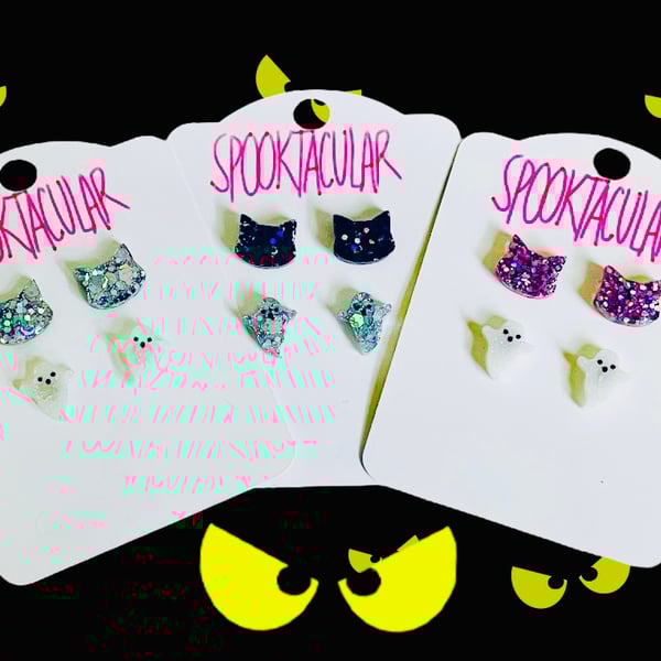 Halloween cat stud earrings, spooky ghost earrings, Halloween jewellery 