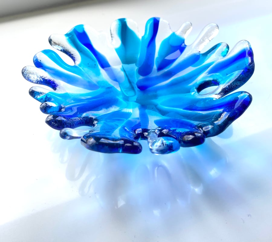  Blue “Splash “ water inspired  fused glass decorative dish 