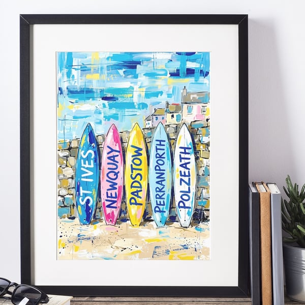 A3 Framed (choice of colours) - Cornwall Surfboards Coloursplash Coastal Print