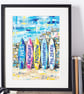 A3 Framed (choice of colours) - Cornwall Surfboards Coloursplash Coastal Print - Image 1