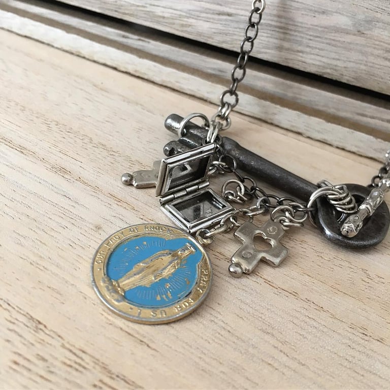 Up-cycled vintage key with vintage bible locket and Virgin Mary Charm necklace