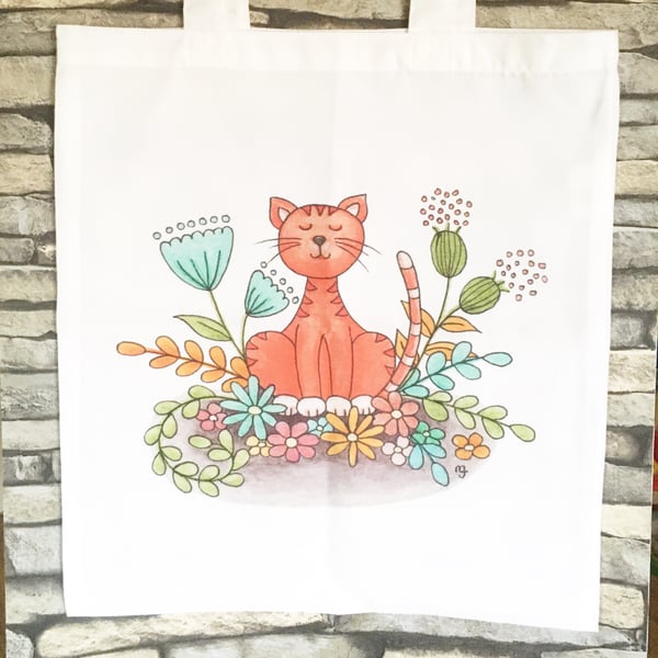 Floral Cat Tote Bag - Eco Friendly - Shopping Bag - Craft Bag