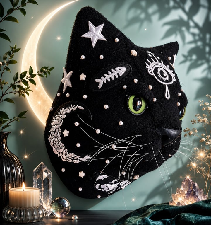 Larger than life felt cat head wall mount 'Belladonna Moonwhisker'