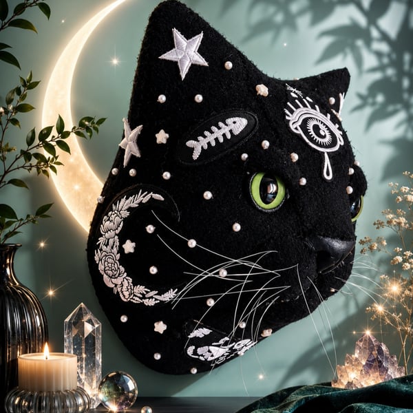 Larger than life felt cat head wall mount 'Belladonna Moonwhisker'