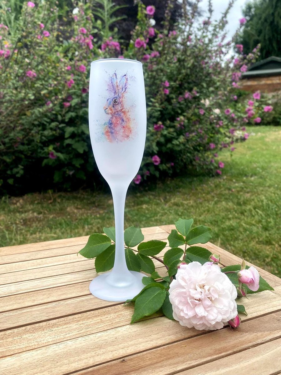Hare Watercolour Motif, Frosted Glass Champagne Flute, Prosecco Glass. 