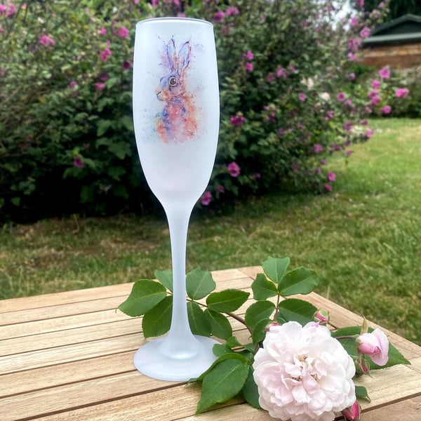Hare Watercolour Motif, Frosted Glass Champagne Flute, Prosecco Glass. 