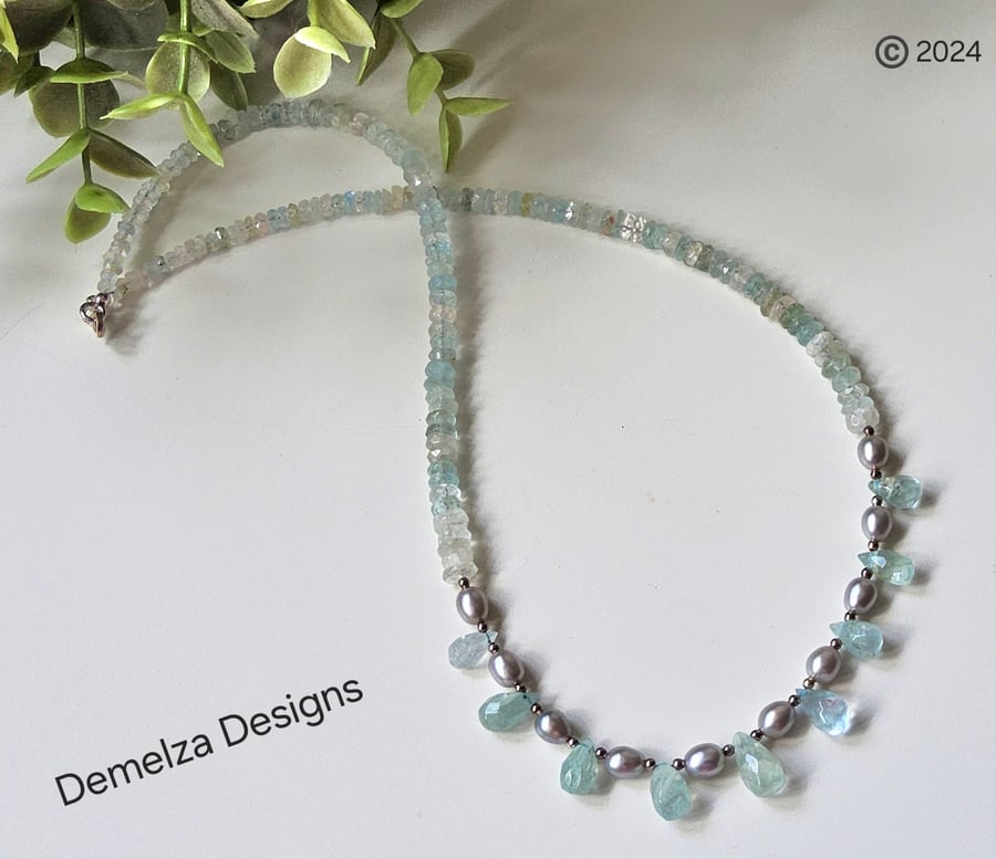 Beryl, Freshwater Rice Pearls and Aquamarine Sterling Silver Necklace 