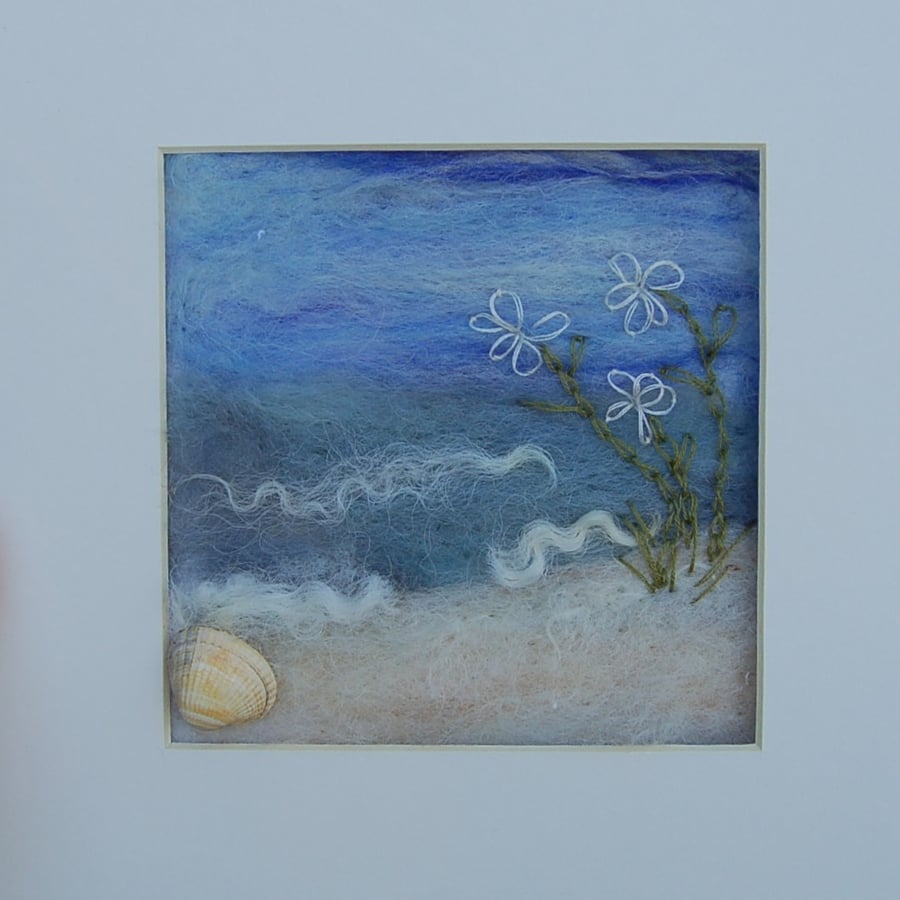 Coastal Art Textile wool and hand embroidered  framed picture - Whispering Waves