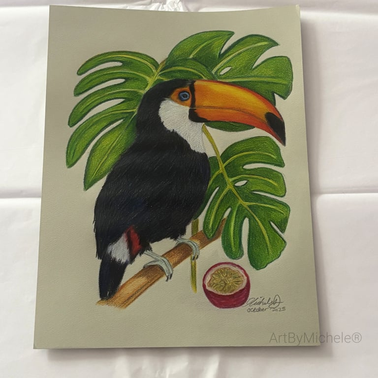 Original Toco Toucan Drawing, Colour Pencil Wildlife Art, 9x12 Artwork