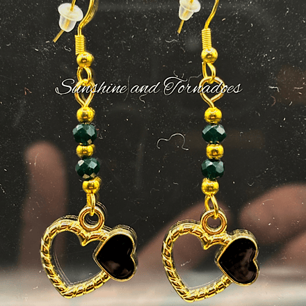 Handmade Black & Gold Double Heart Earrings – Czech Crystal. Hypoallergenic.