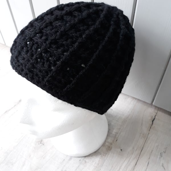 Black hand crochet chunky beanie style hat