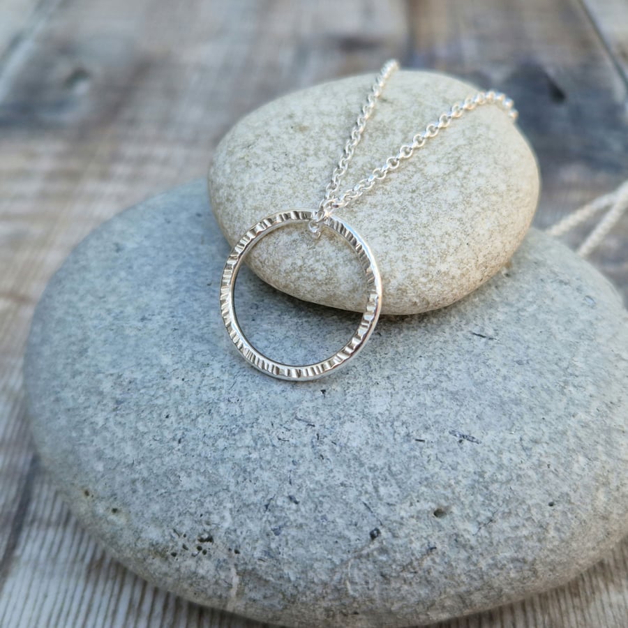 Sterling Silver Textured Circle Ring Necklace