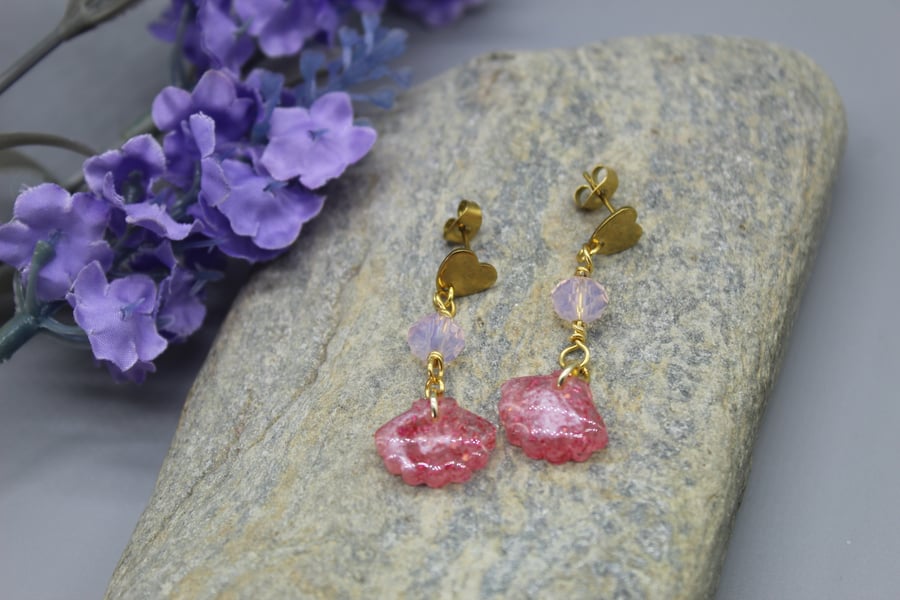 Pink Shell Resin Earrings, Heart Stud Mermaid Jewellery, Christmas Gift Idea