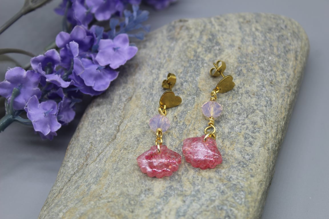 Pink Shell Resin Earrings, Heart Stud Mermaid Jewellery, Christmas Gift Idea