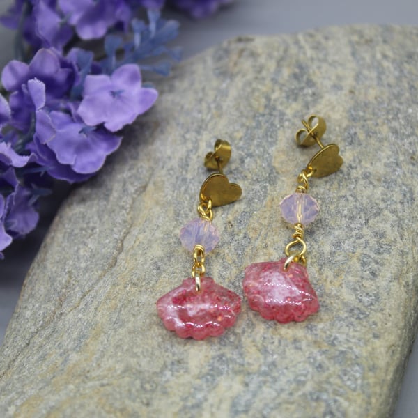 Pink Shell Resin Earrings, Heart Stud Mermaid Jewellery, Christmas Gift Idea