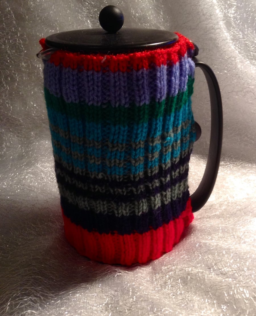 Large stripy knitted Cafetiere cosy