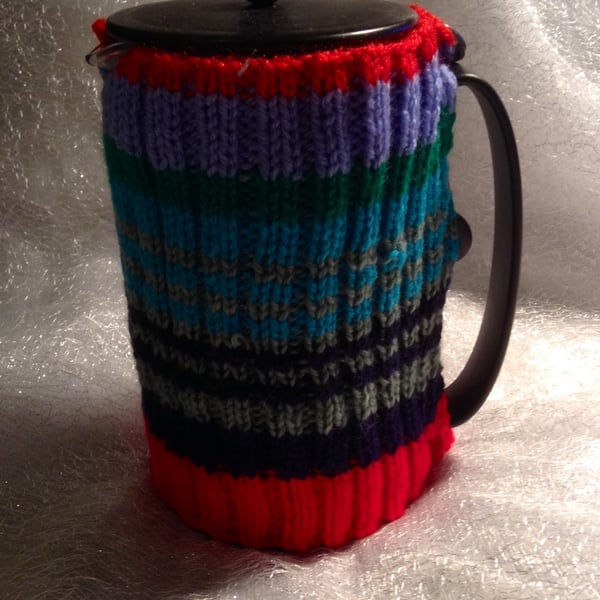 Large stripy knitted Cafetiere cosy