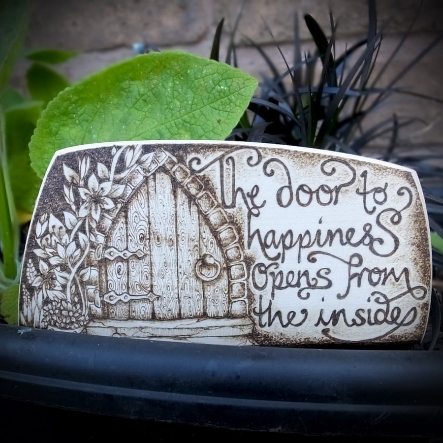 Happiness Fairy Door Freestanding Wooden Pyrography Plaque