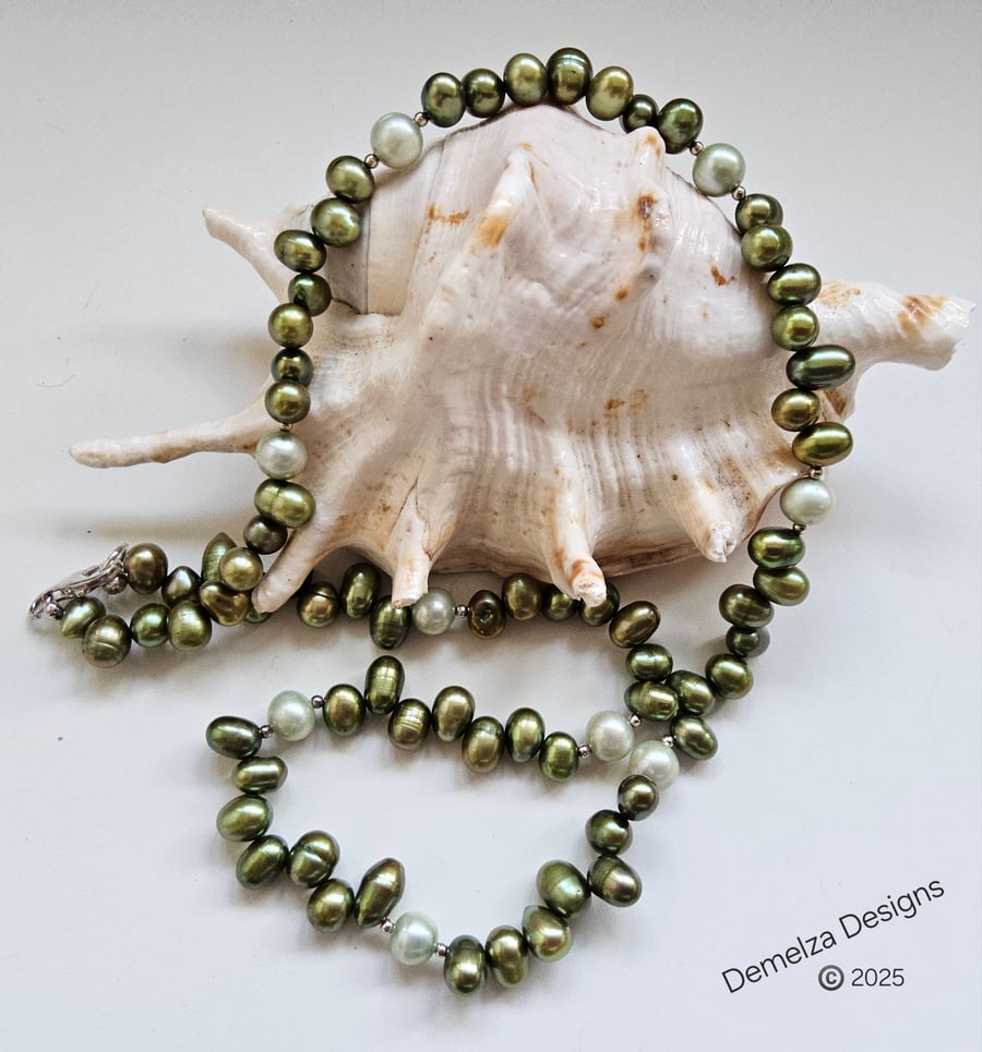 Designer Unique Sage Green Freshwater Culture Pearl Necklace 925 Sterling Silver