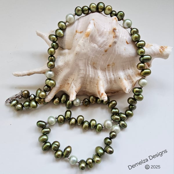 Designer Unique Sage Green Freshwater Culture Pearl Necklace 925 Sterling Silver
