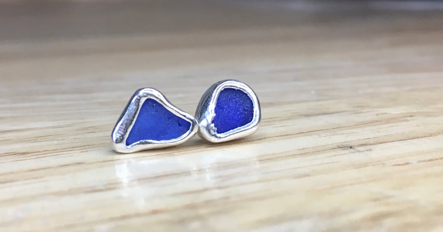 Handmade Fine & Sterling Silver Stud Earrings with Cobalt Blue Welsh Sea Glass
