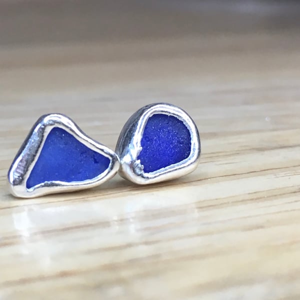 Handmade Fine & Sterling Silver Stud Earrings with Cobalt Blue Welsh Sea Glass