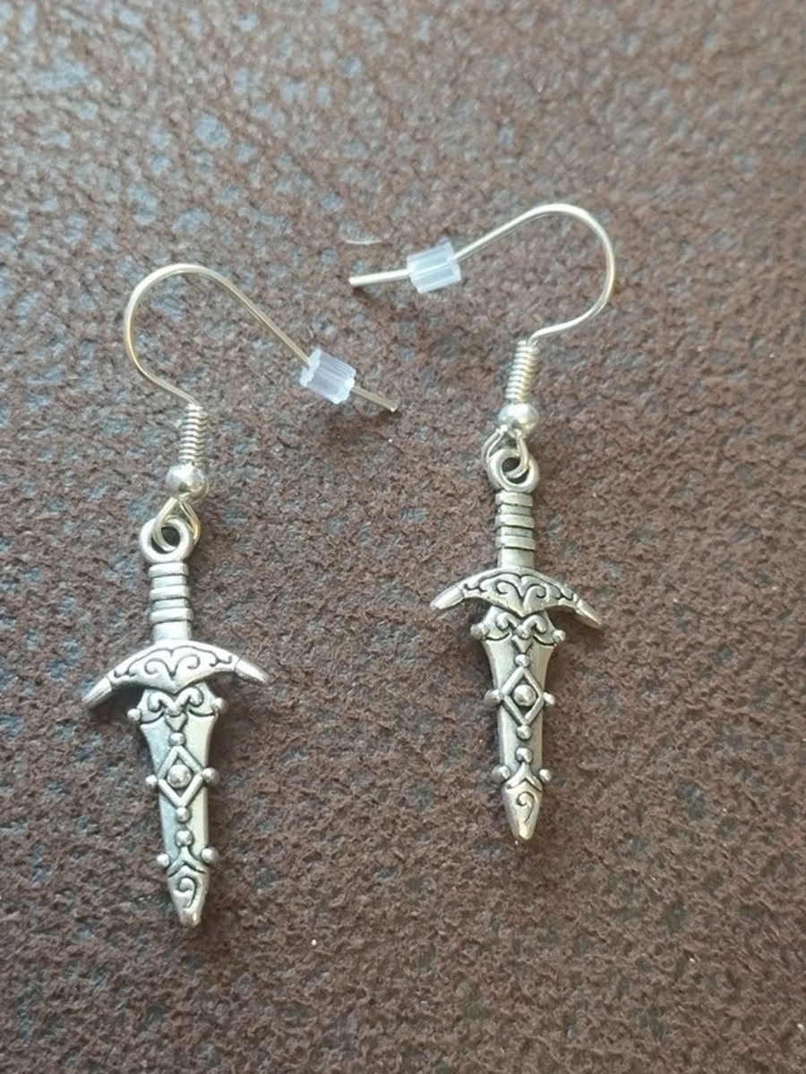 Tibetan Silver Ornate Dagger, Sword Charm dangle Earrings