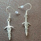 Tibetan Silver Ornate Dagger, Sword Charm dangle Earrings