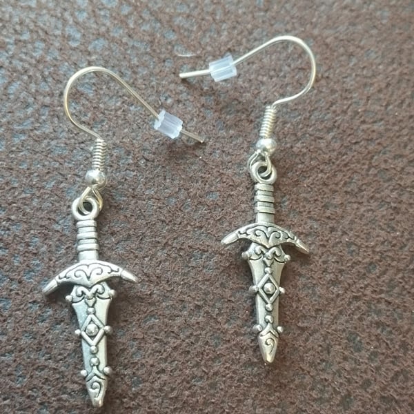 Tibetan Silver Ornate Dagger, Sword Charm dangle Earrings