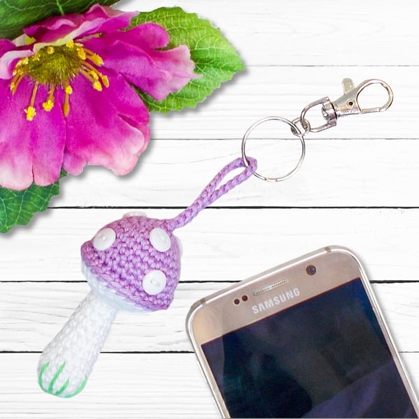 Crochet lilac toadstool, mushroom decoration, bag charm. Toadstool keyring.