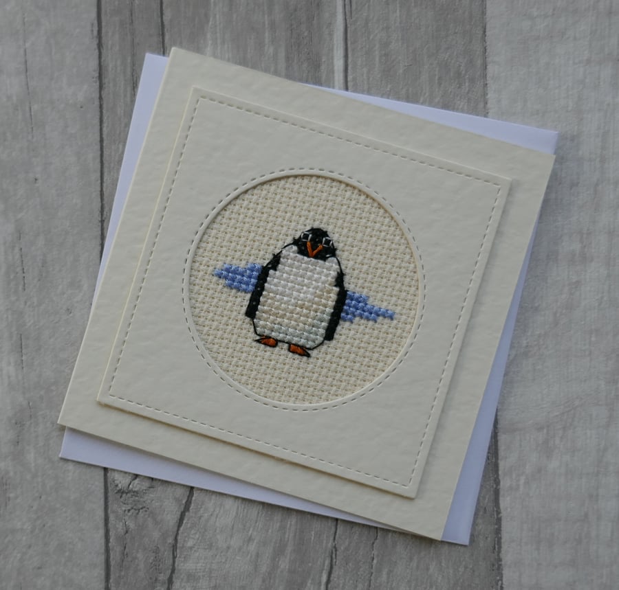 Cross Stitch Penguin - Blank Greetings Card