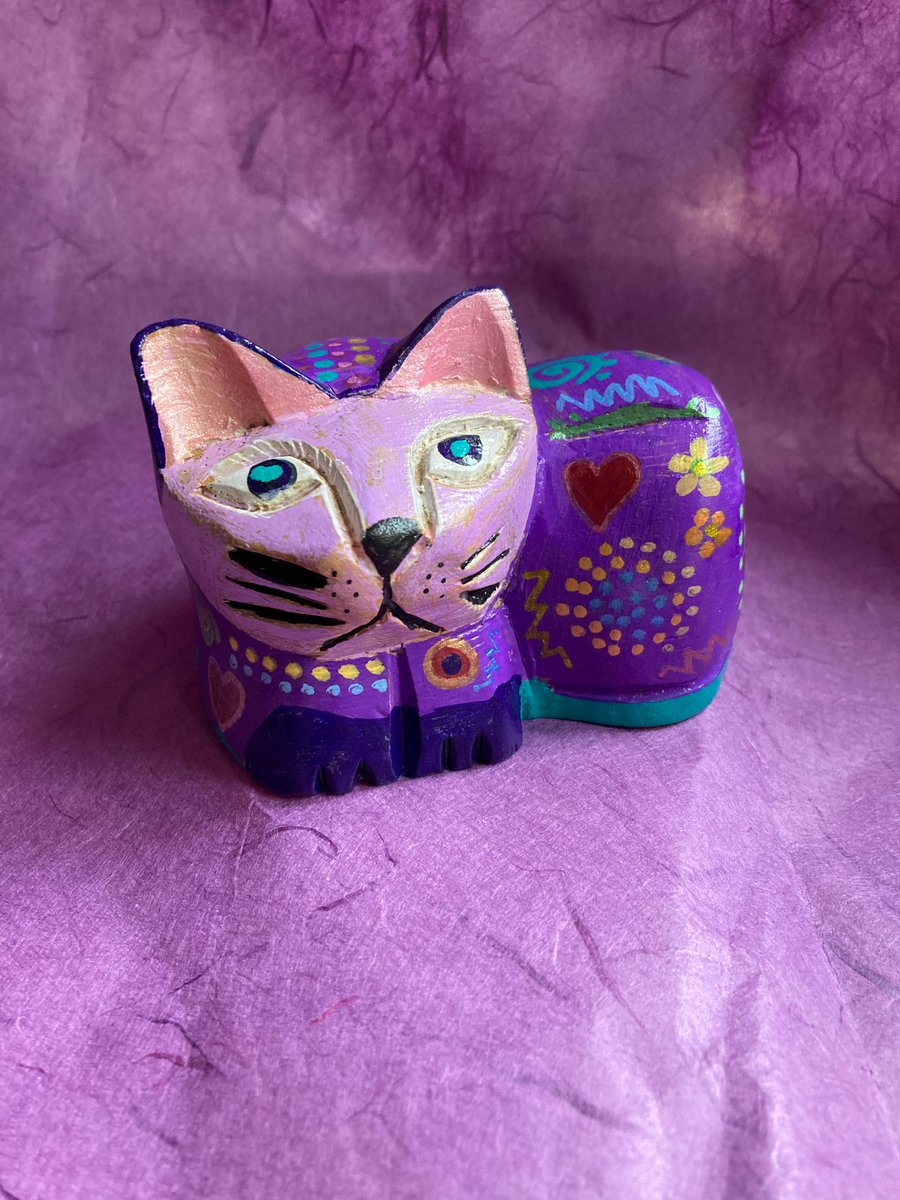 Hand painted, up cycled purple cat