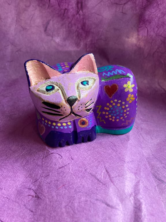 Hand painted, up cycled purple cat
