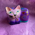 Hand painted, up cycled purple cat