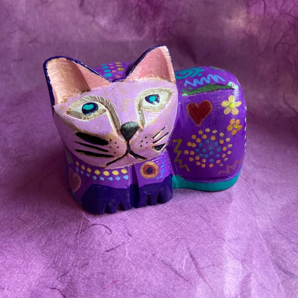 Hand painted, up cycled purple cat