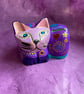 Hand painted, up cycled purple cat