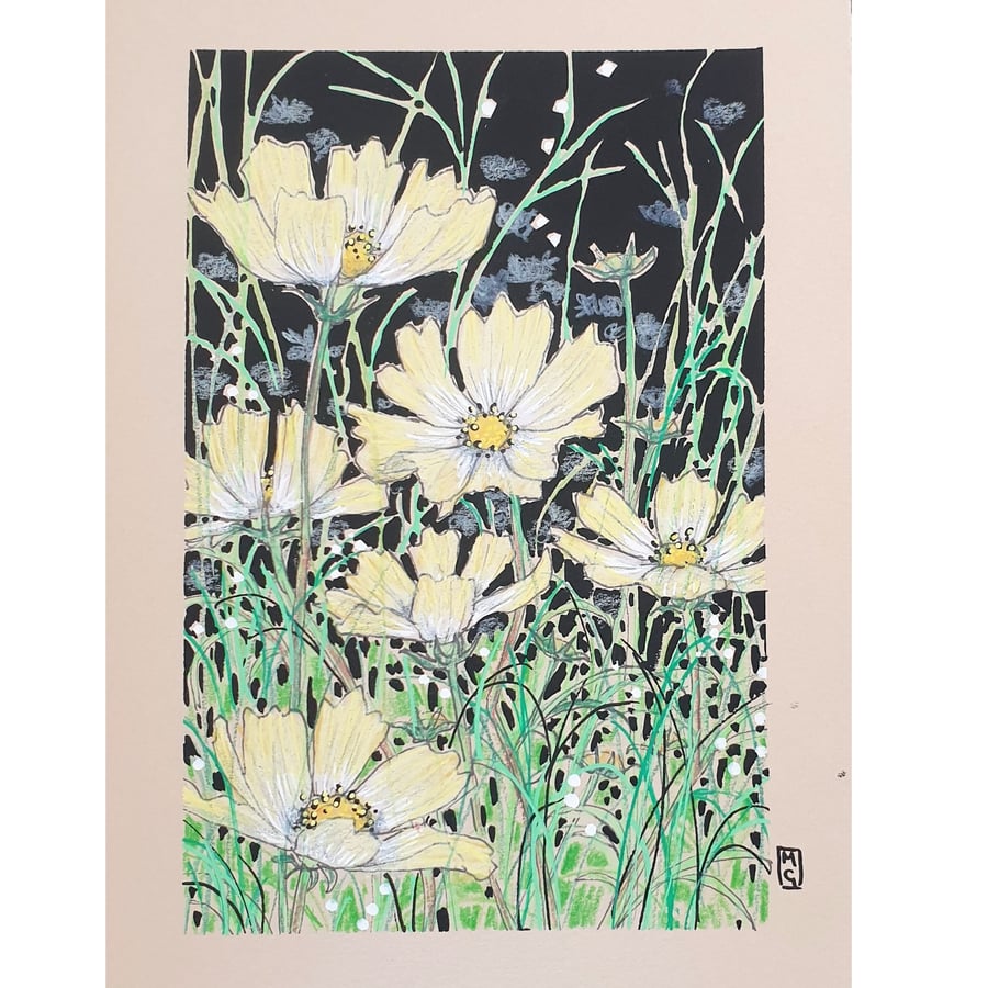 Pale Yellow Cosmos Flowers small original artwork, floral wall art