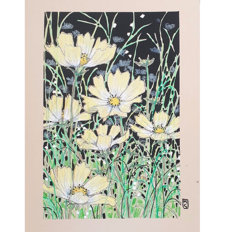 Pale Yellow Cosmos Flowers small original artwork, floral wall art