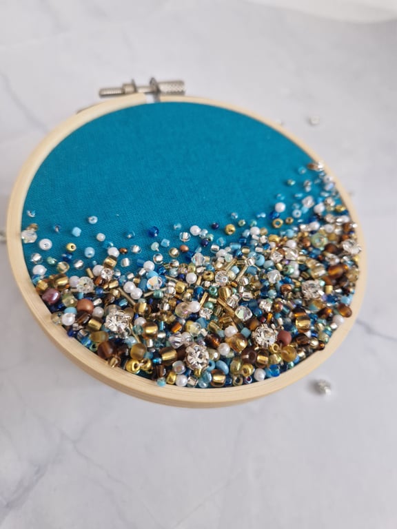 4 inch handmade beaded embroidery hoop with crystals - teal