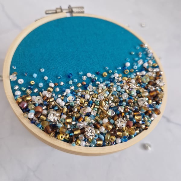 4 inch handmade beaded embroidery hoop with crystals - teal