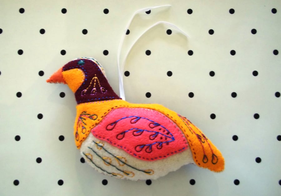 Felt hand stitched and embroidered partridge