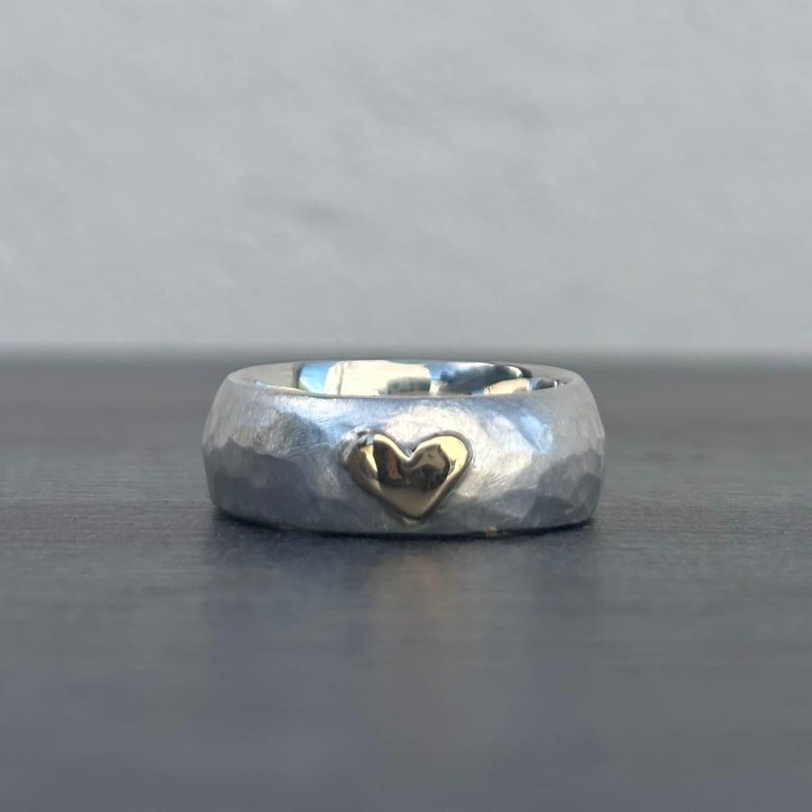 Chunky Gold Heart D Shape Silver Ring 