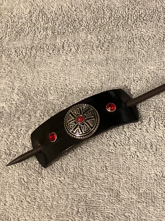 Dyed Black Leather HairStick Barrette W Decorative Centre & Red Gems
